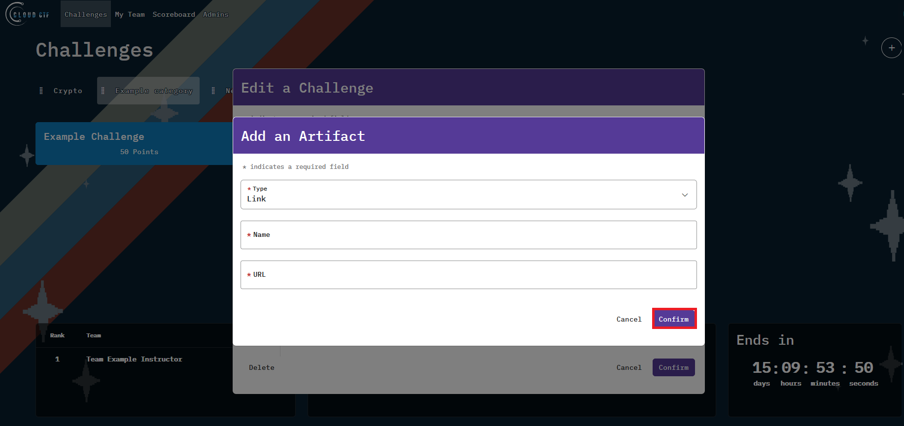 Confirm is at the bottom right of the Add an Artifact pop-up window.