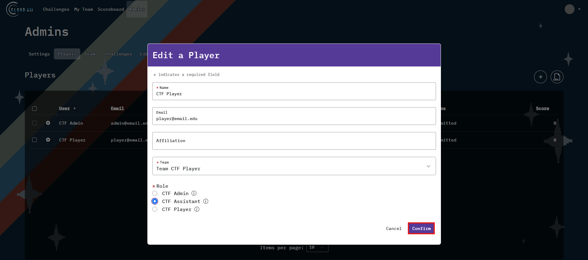 The Confirm button is located in the bottom right.