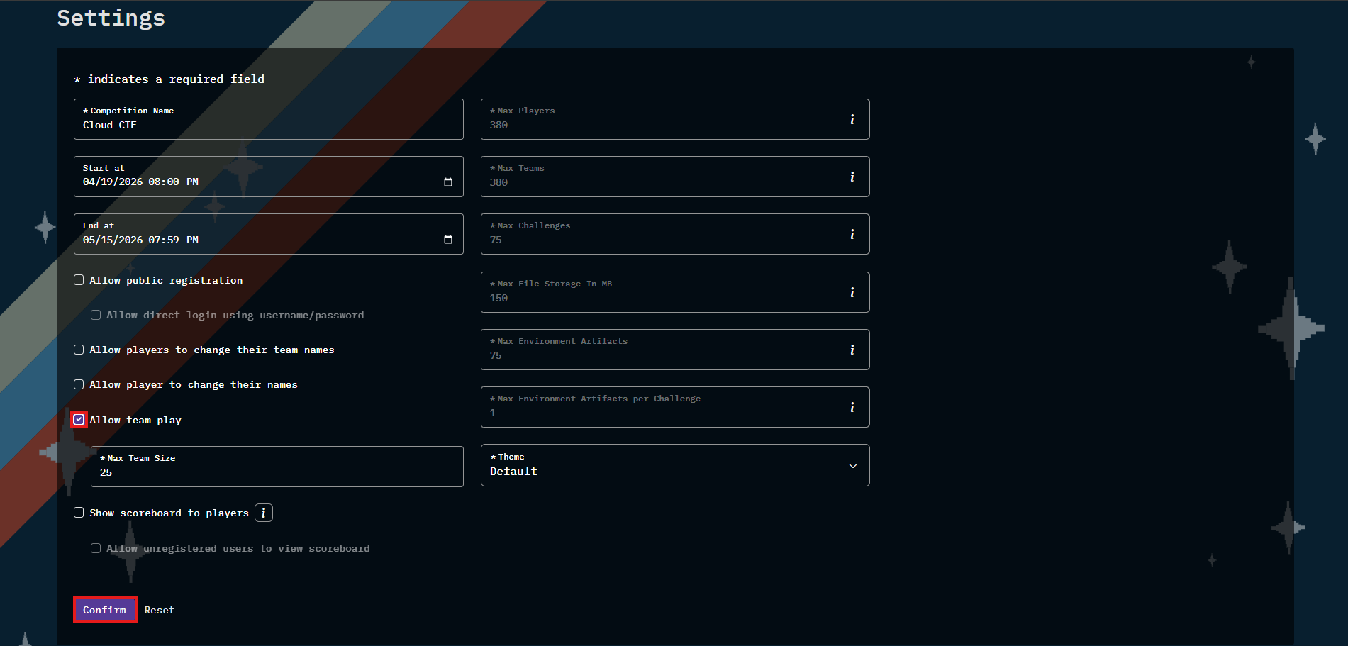 Navigate to the Admins page and click on the settings tab, which is left of the Players tab. Underneath the "Allow Players to change their names" option, you can find and then check "Allow team play" Click the "confirm" button to enable teams, which is to the left of the "reset" button.