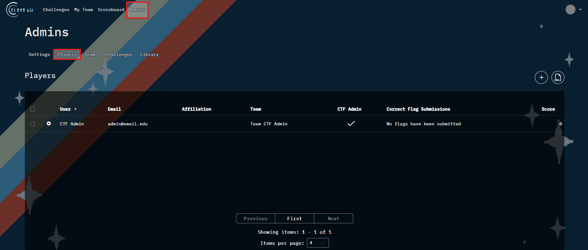 The Admins page can be found at the top of the screen, as the rightmost option. The Players tab is located under the header named Admins.