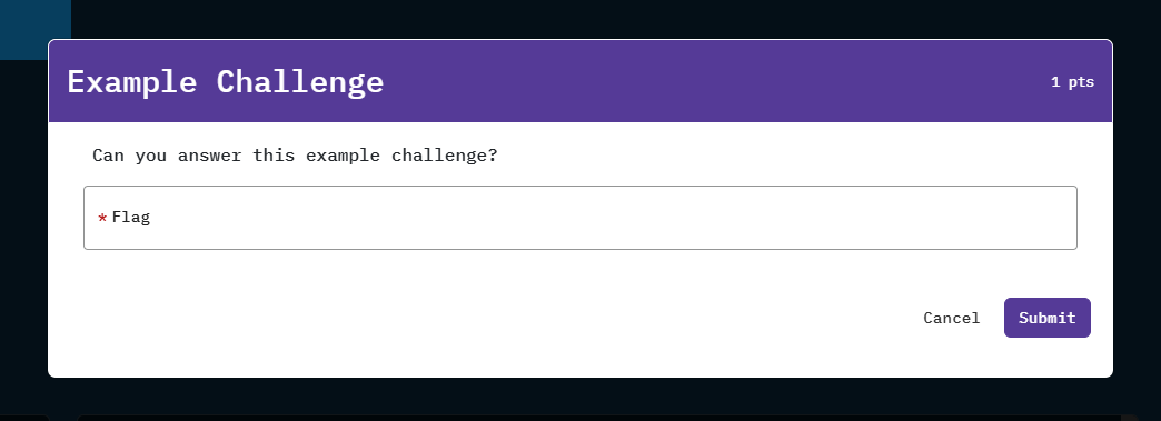 The challenge description appears. Underneath, the text box to enter the flag is available. The cancel and then submit button are located in the bottom right corner