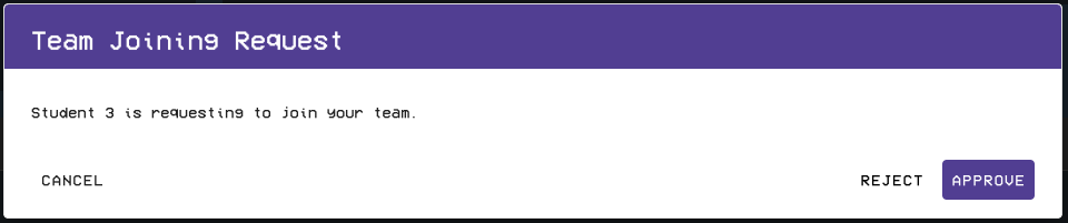 The "cancel" button is in the bottom-left corner of the pop-up. The "reject" and "approve" buttons are in the bottom-right corner.