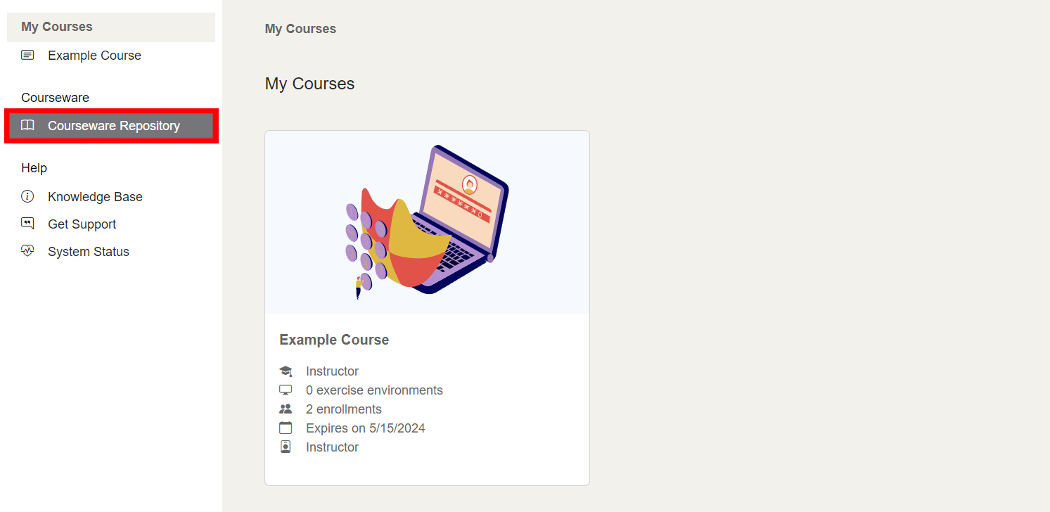 The "Courseware Repository" tab is located below the "Courses" tab on the left of the screen.