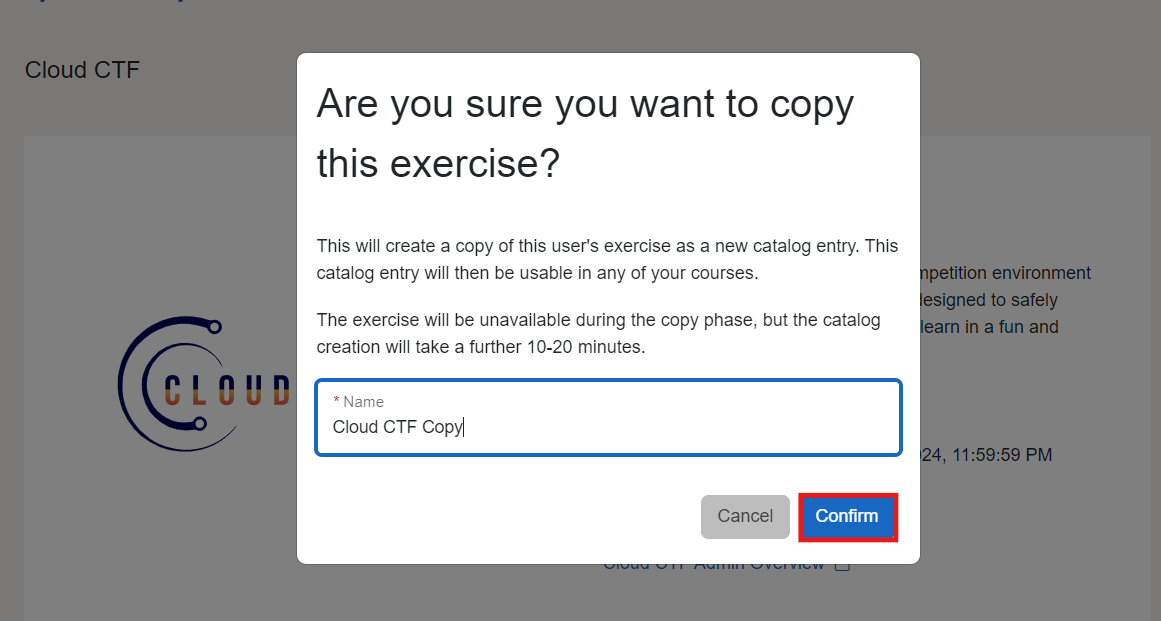 Insert a name for your copied environment, then press confirm on the bottom right side of the pop up