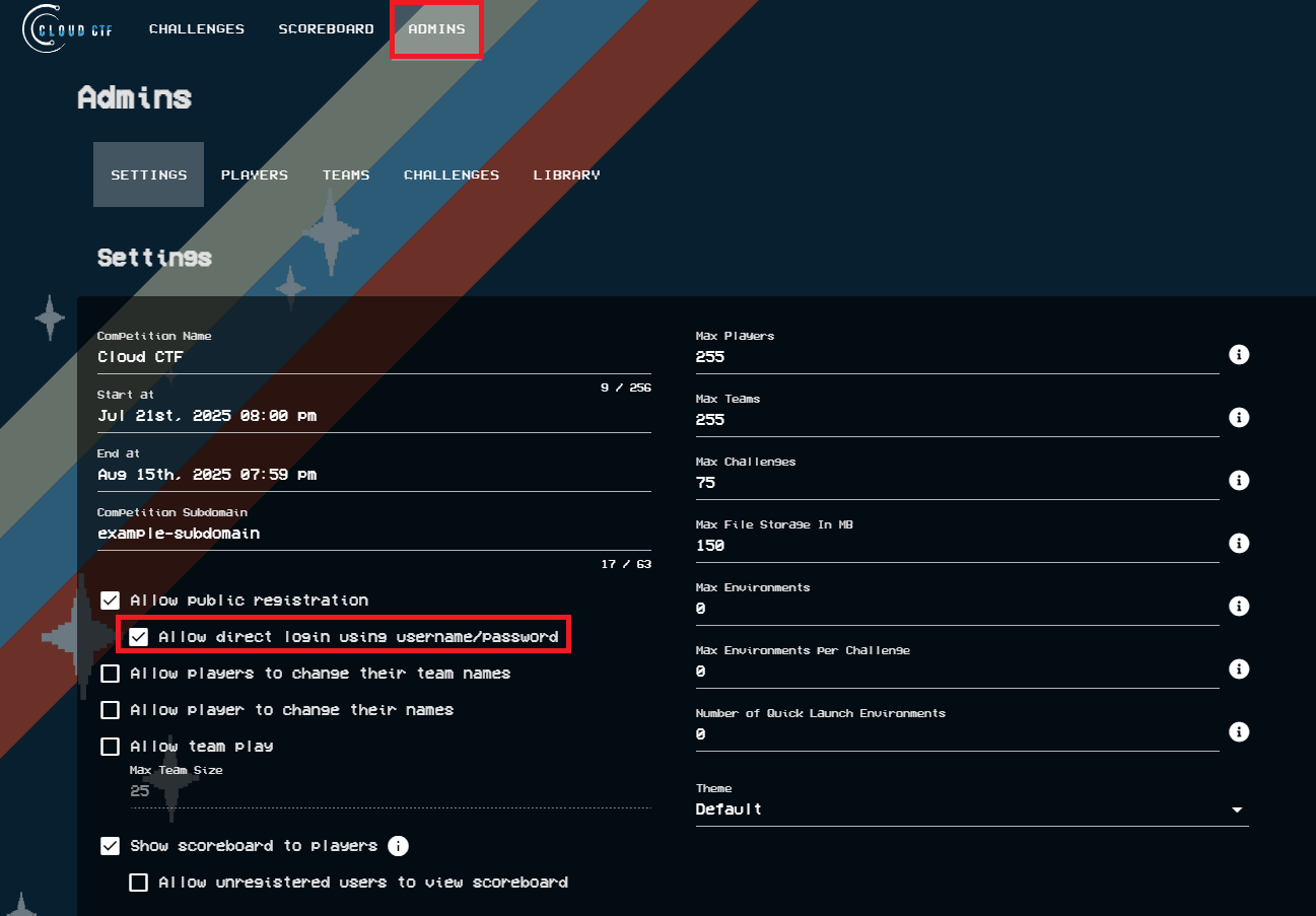 The "Allow direct login using username and password" checkbox is the next checkbox after the "Allow public registration" option.