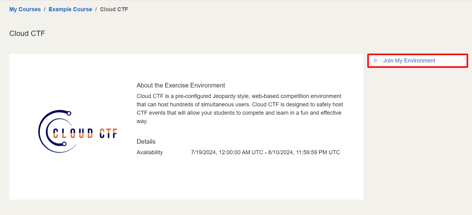 Once inside your course, underneath the details section, select the join button to open up Cloud CTF in another tab of your browser.