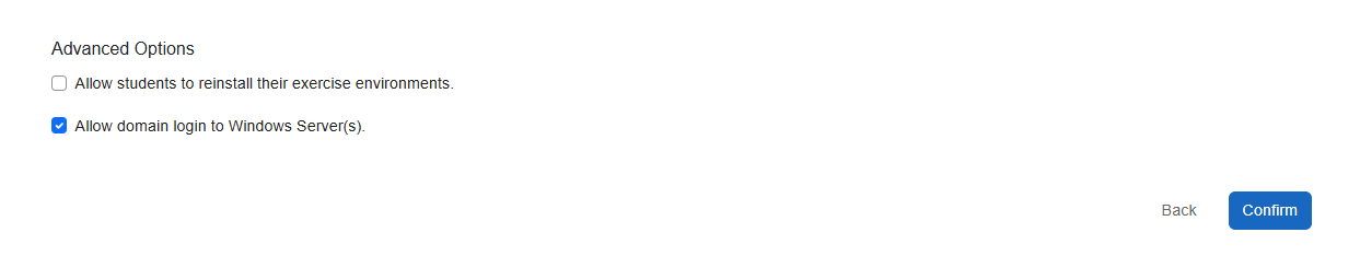 The "Advanced Options" section is at the bottom of the environment page. "Allow domain login to Windows Server(s)" option is under the "Allow students to reinstall their exercise environments" option.