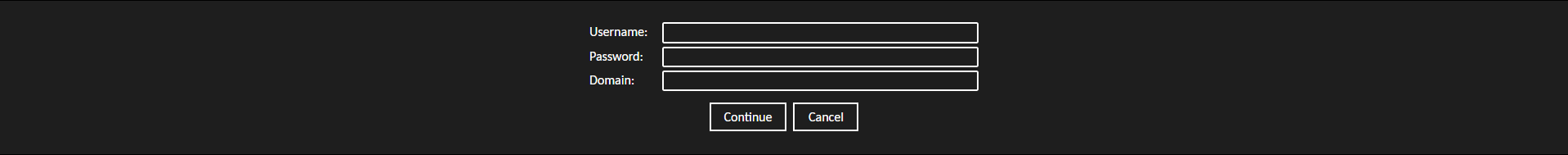 There is an input for the following in descending order: Username, Password, Domnain. The Continue button is below with the Cancel button to the right.