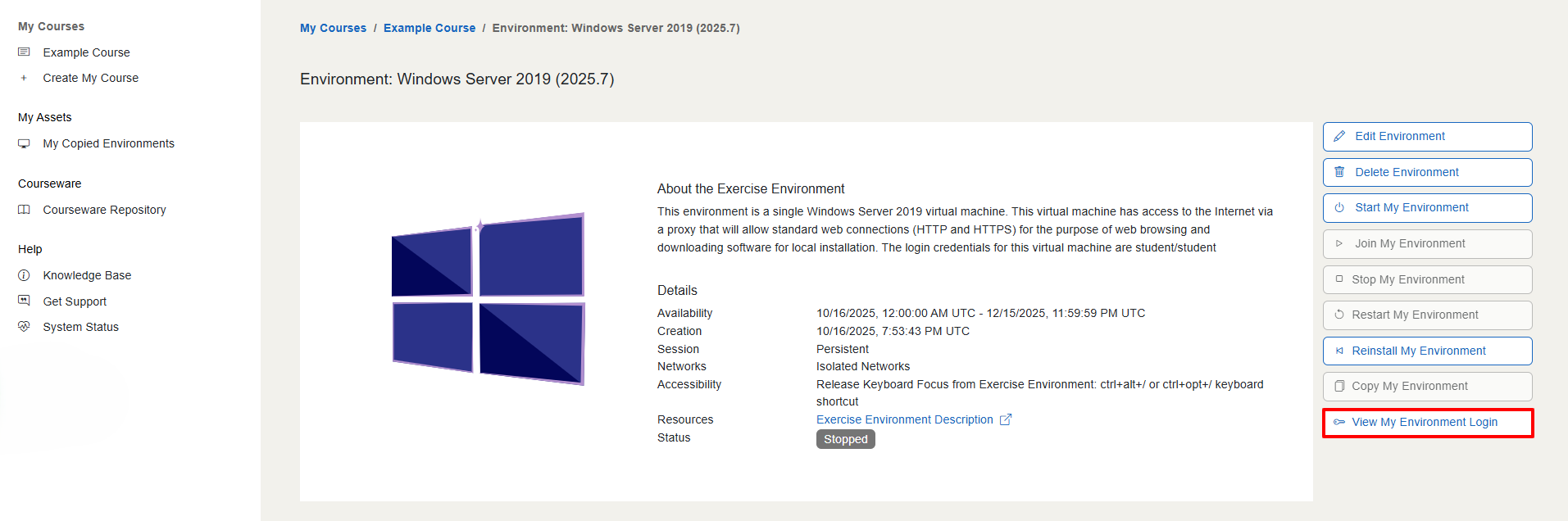 The "View My Environment Login" button is under the "Copy My Environment" button on the environment page.