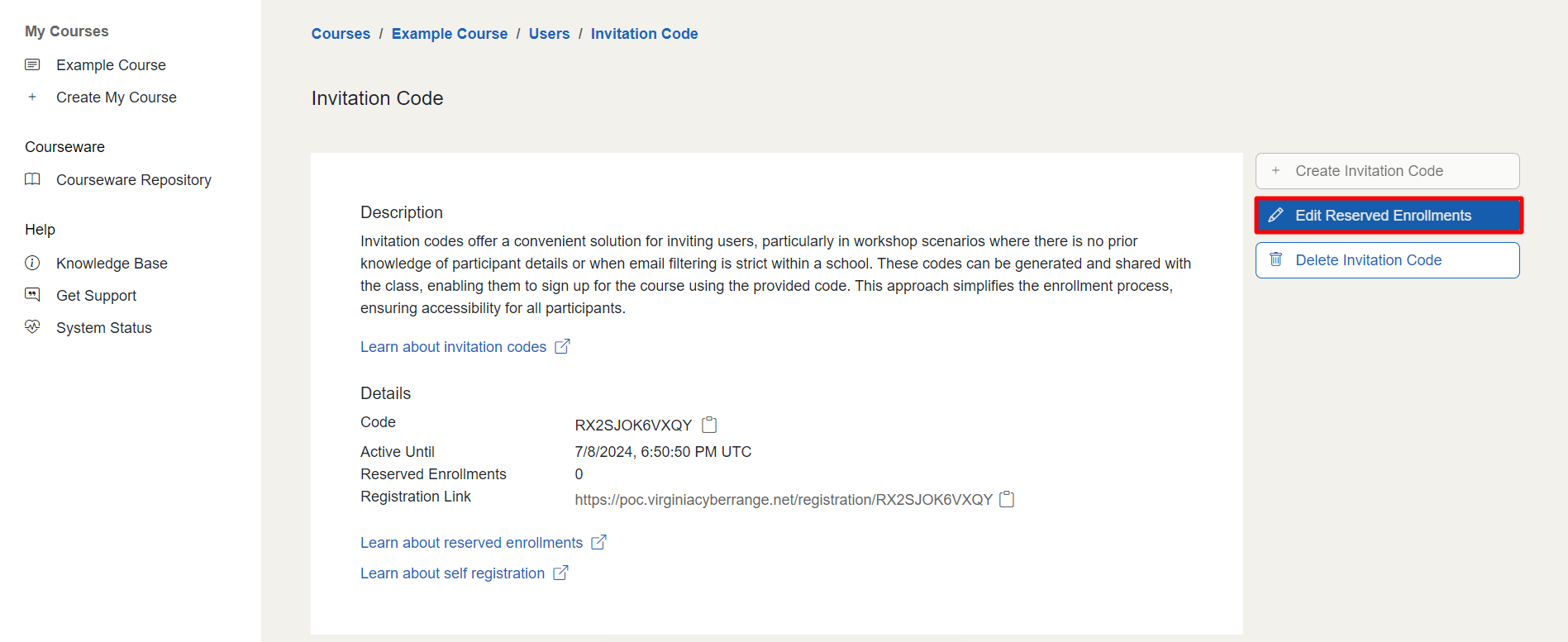 The “Edit Reserved Enrollments” button is located below the “Create Invitation Code” button.