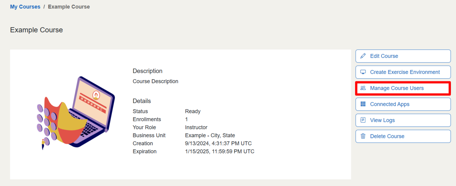 The "Manage Course Users" button is located below the "Create exercise environment" button.