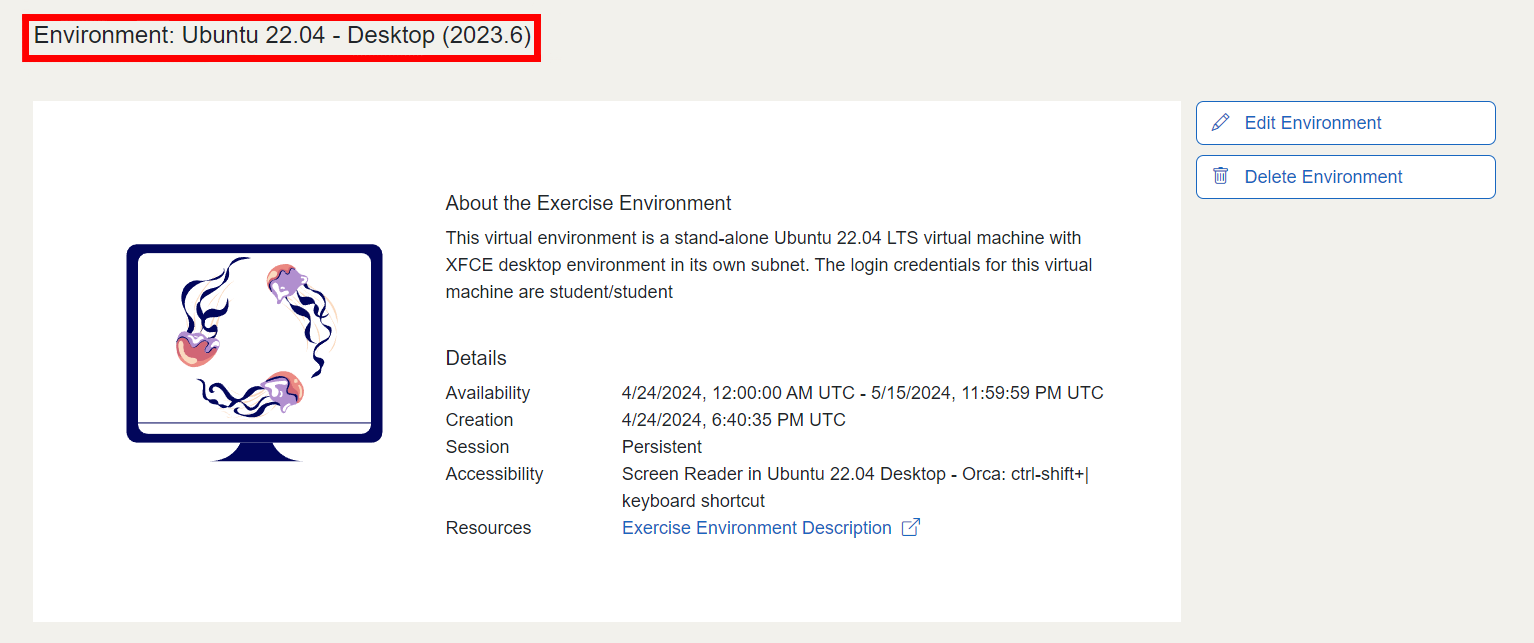 Exercise environment named "Environment: Ubuntu 22.04 - Desktop (2023.6).