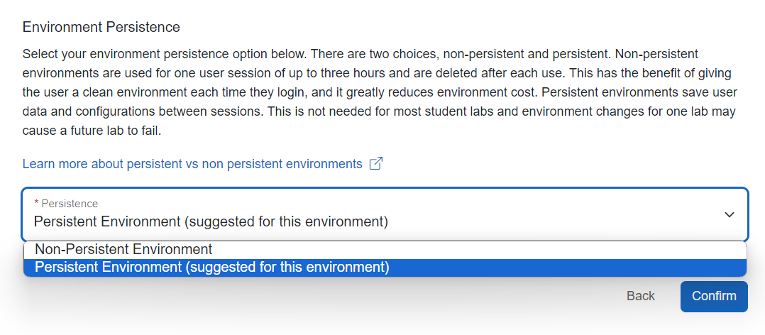 A description of the environment persistent options is shown. Below that are the buttons for selecting your persistence option.