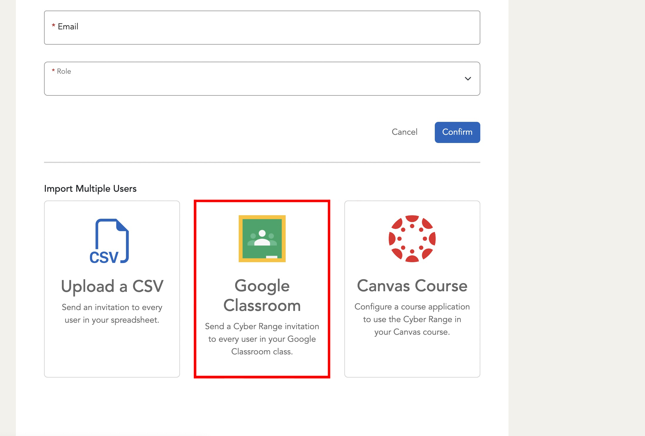 The "Google Classroom" option is to the right of the "Upload a CSV" option.