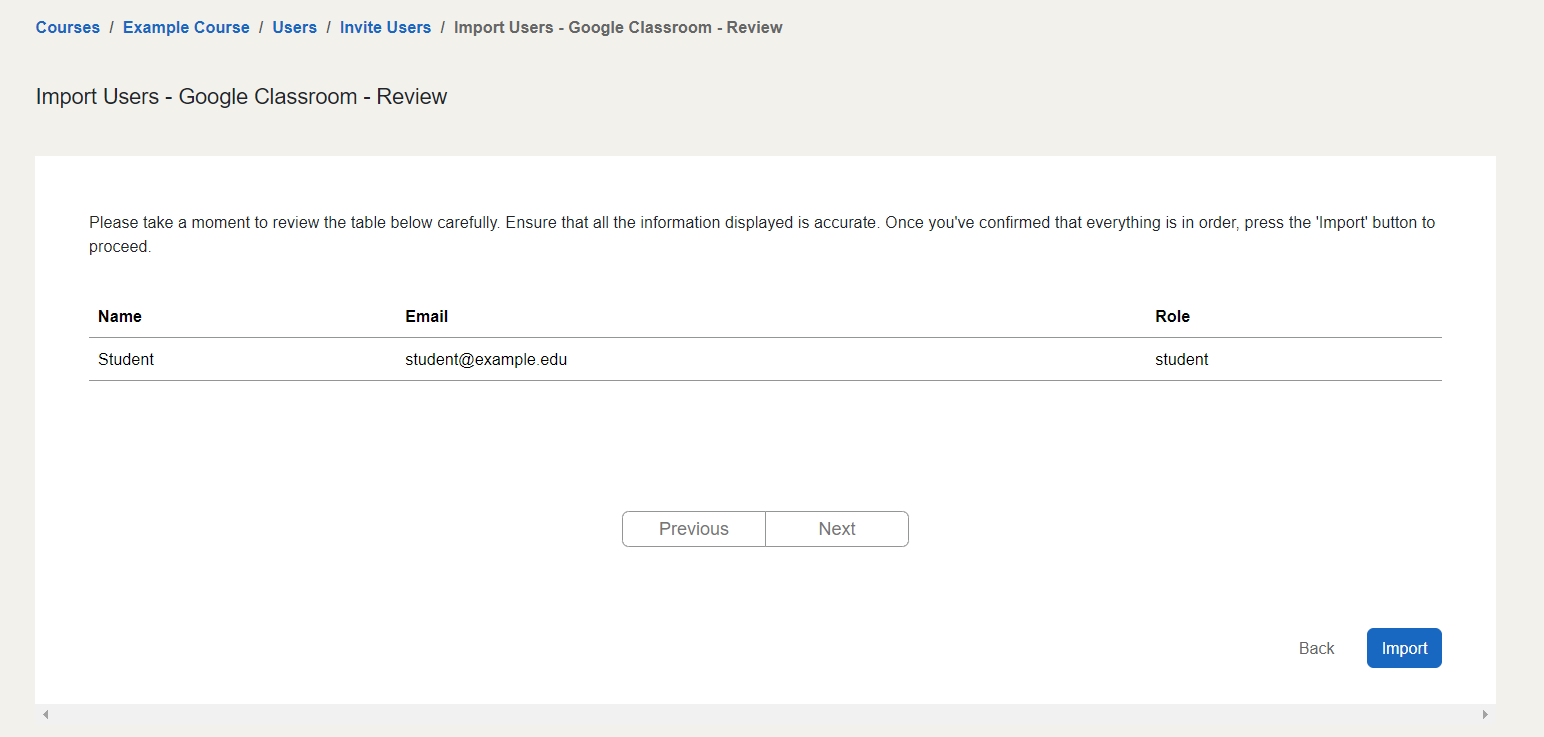 The Review step will show all Display Names, Emails, and Roles of users getting imported. Back and import are in the bottom right.