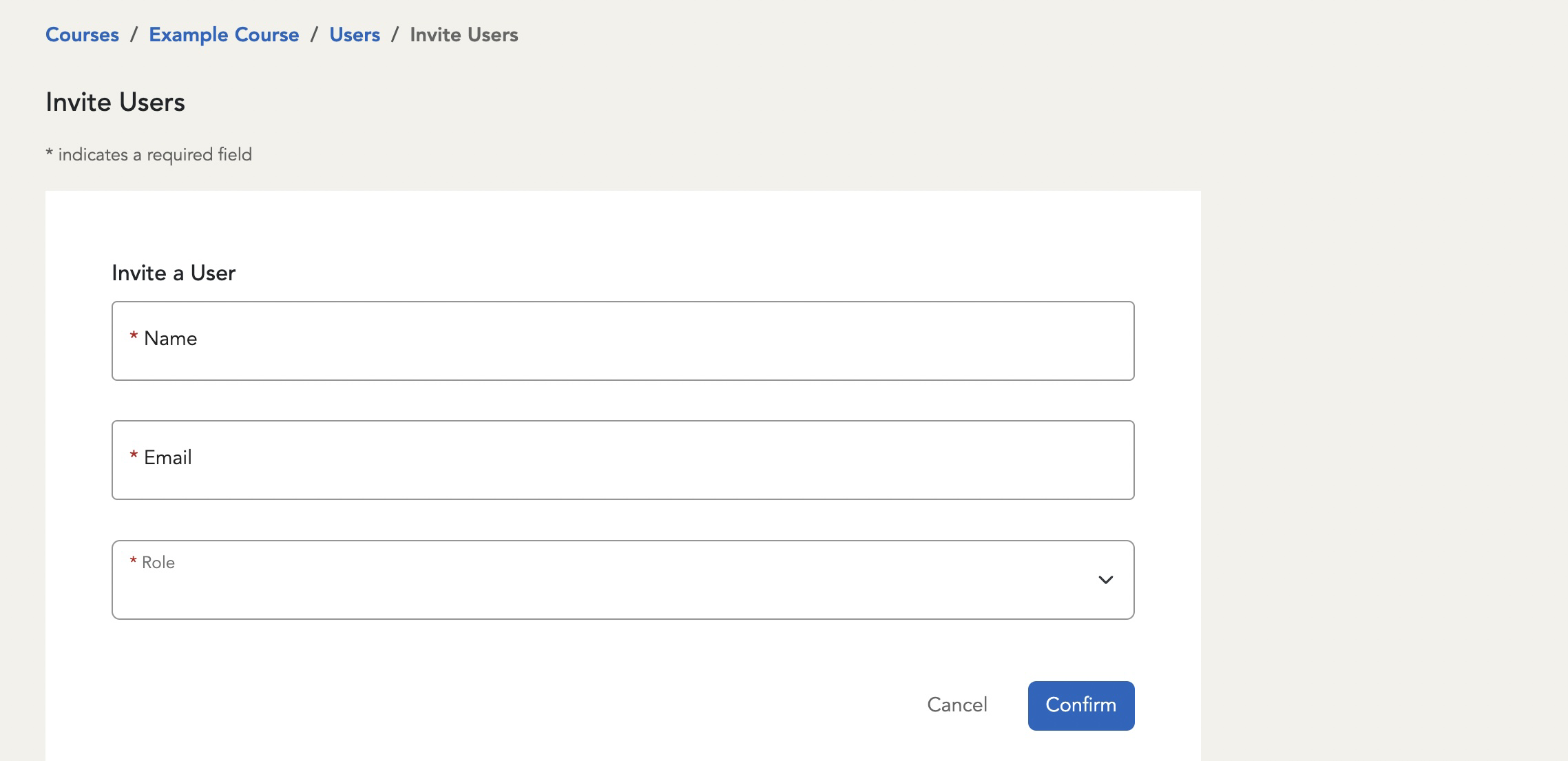 Invite a User form. A name and email can be provided to invite individual users. The role of student or TA should be selected in the Roles section.