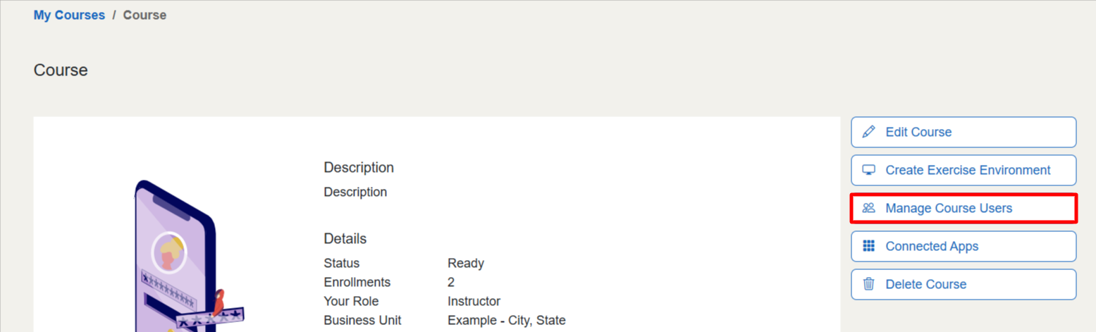 "Manage Course Users" is between "Create Exercise Environment" and "Connected Apps" in navigation.