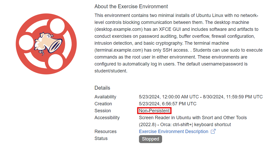 The Details section of an exercise environment is shown listing in descending order: Availability, Creation, and the Session type which is currently Persistent.