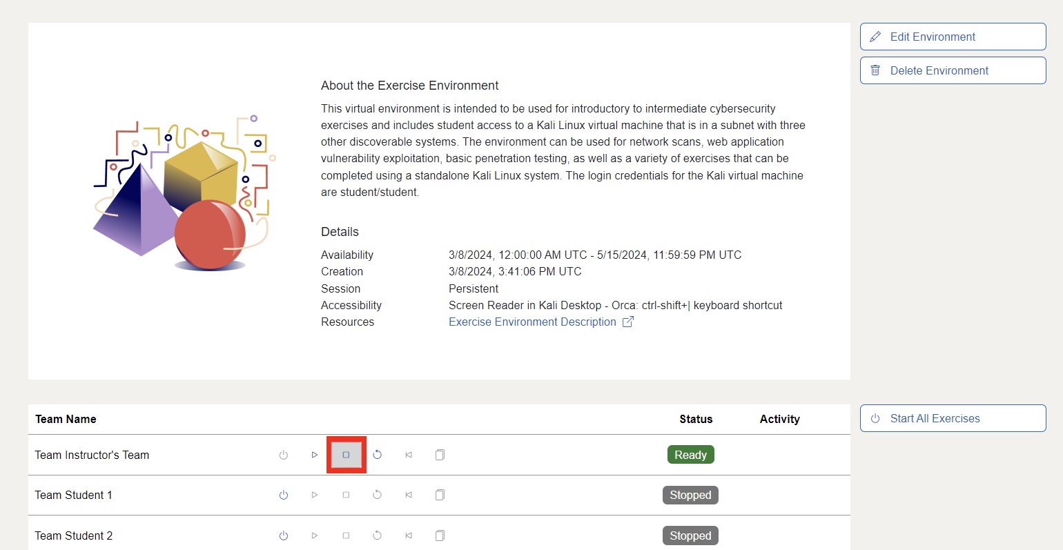 Highlights the stop button, which is located below the environment details and to the right of the start button.