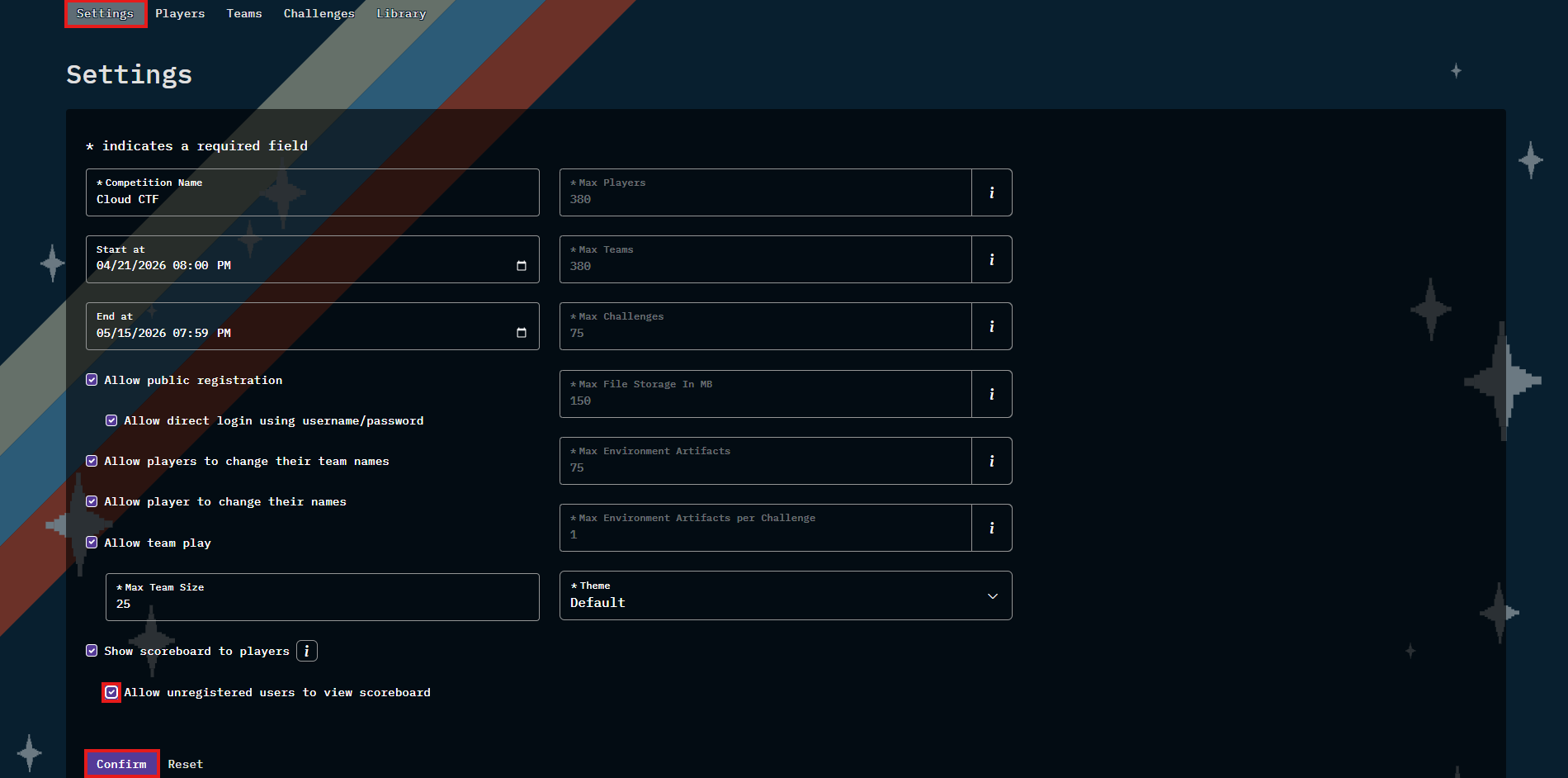 The "Allow unregistered users to view scoreboard" option is located under the "Show scoreboard to players" option.