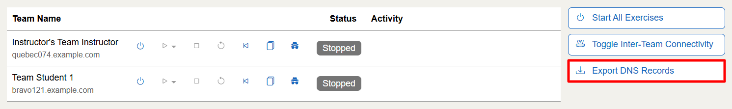 The “Export DNS Records” button is located towards the bottom right of the screen, beneath “Toggle Inter-Team Connectivity”.