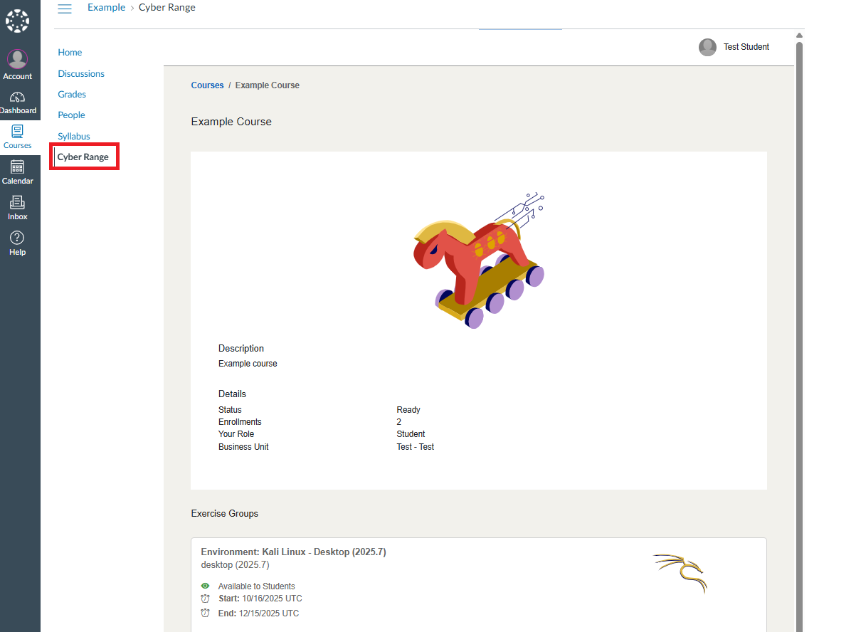 The Cyber Range app can be found in the list of Canvas course navigation buttons.