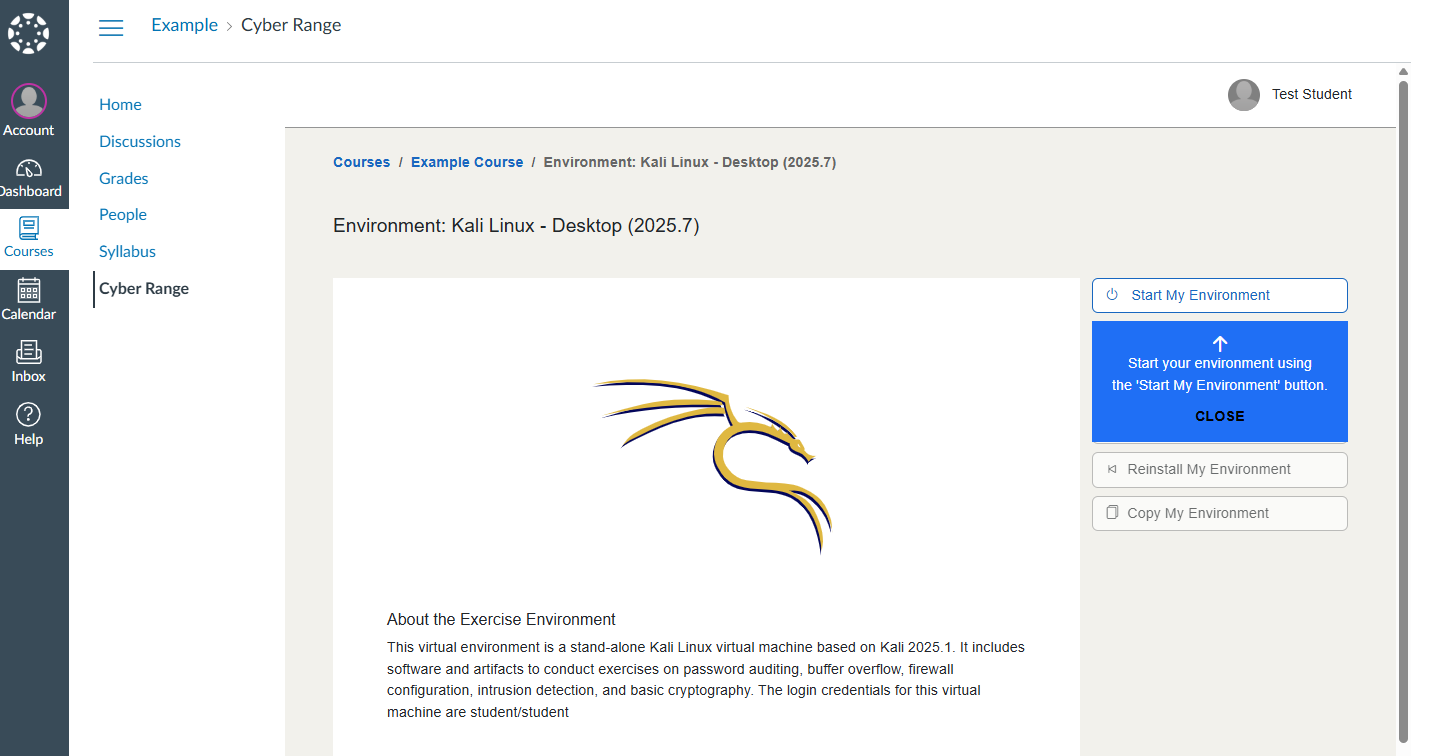 The "Start My Environment" button is the first button in the list of controls for the exercise environment.