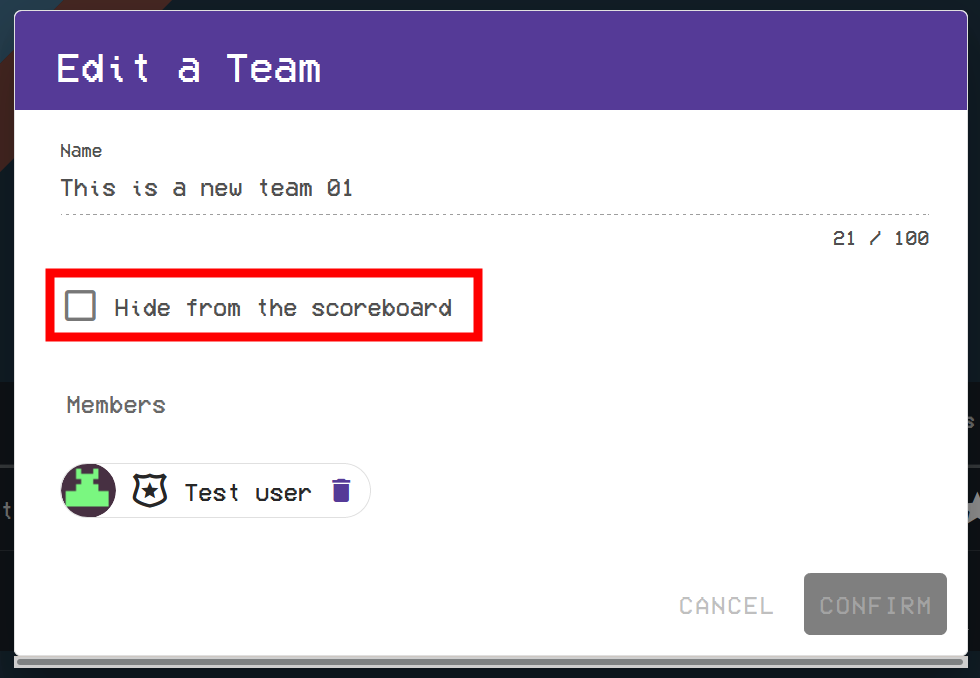 The Hide from the Scoreboard Checkbox is located under the name field.