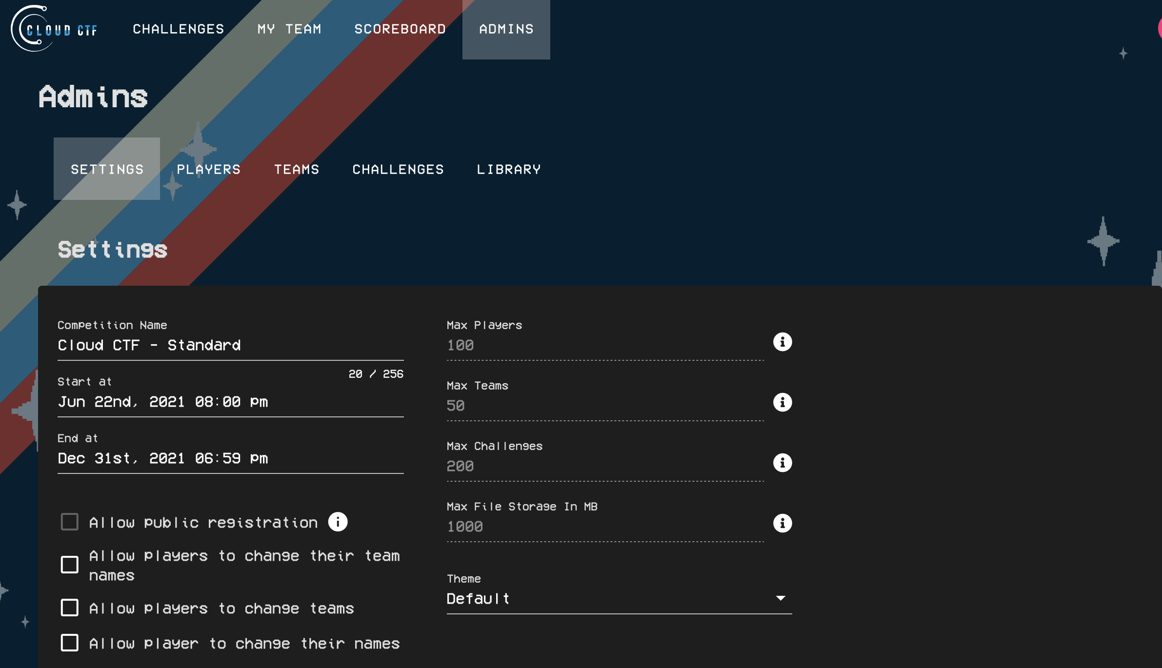 The CTF limits section will be located to the right of the Start and End dates in the admin settings.