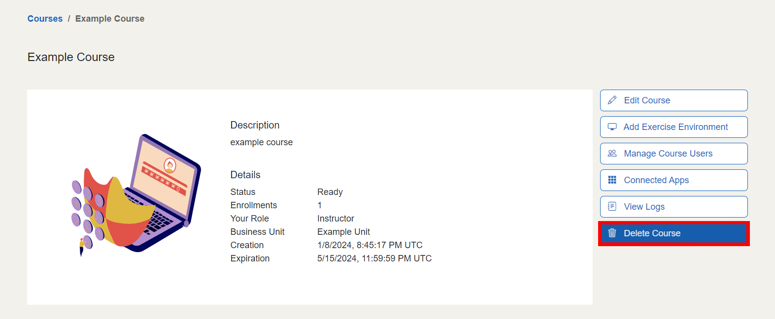 The "Delete course" button is located in the top right below the View Logs button.