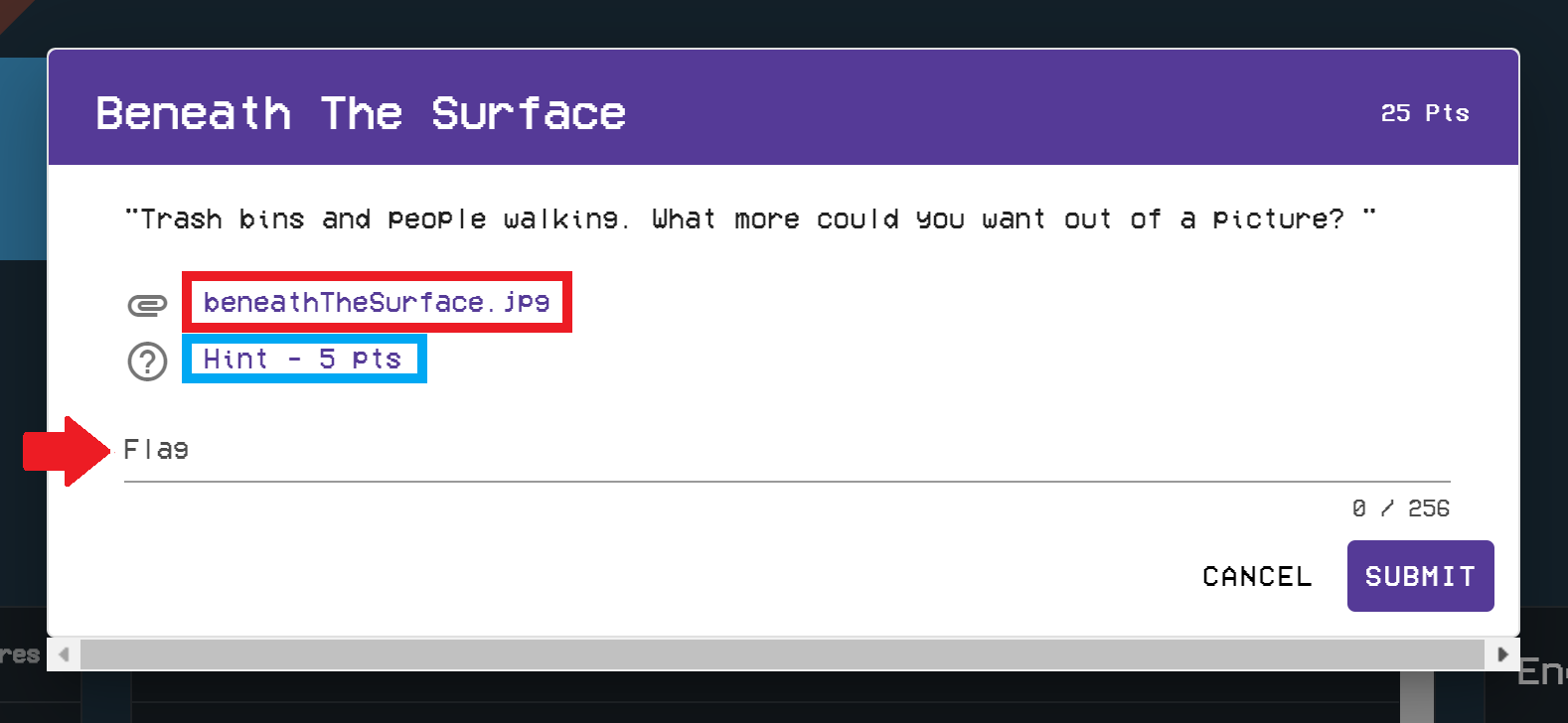 Clicking on a challenge will display a pop-up window that displays information about the challenge, such as challenge text, attachments, and hints. 