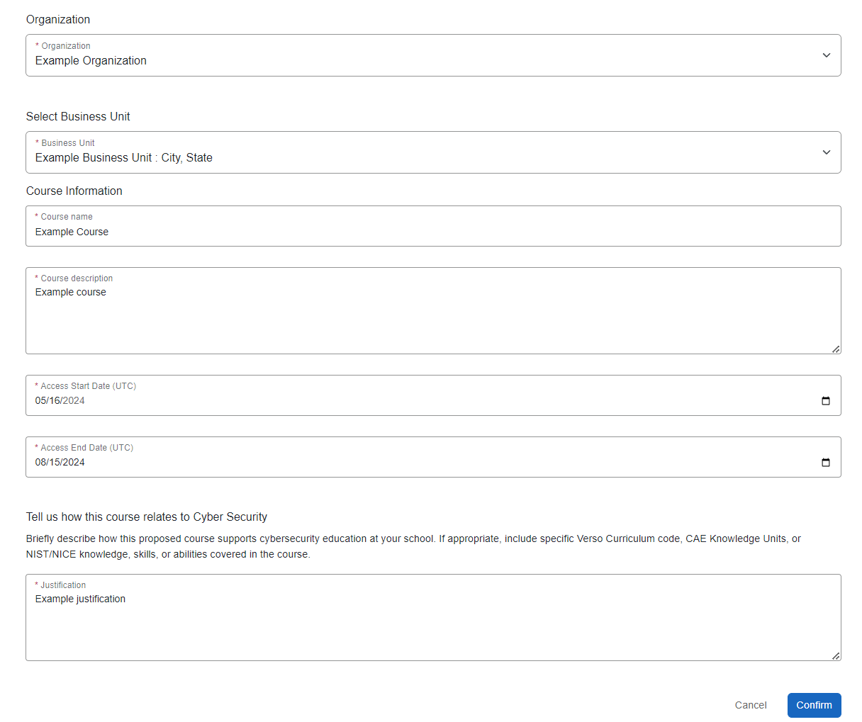 The fields on the form are, in order, Organization, Business Unit, Course Name, Course Description, Start Date, End Date, and How Course Relates to Cyber Security.