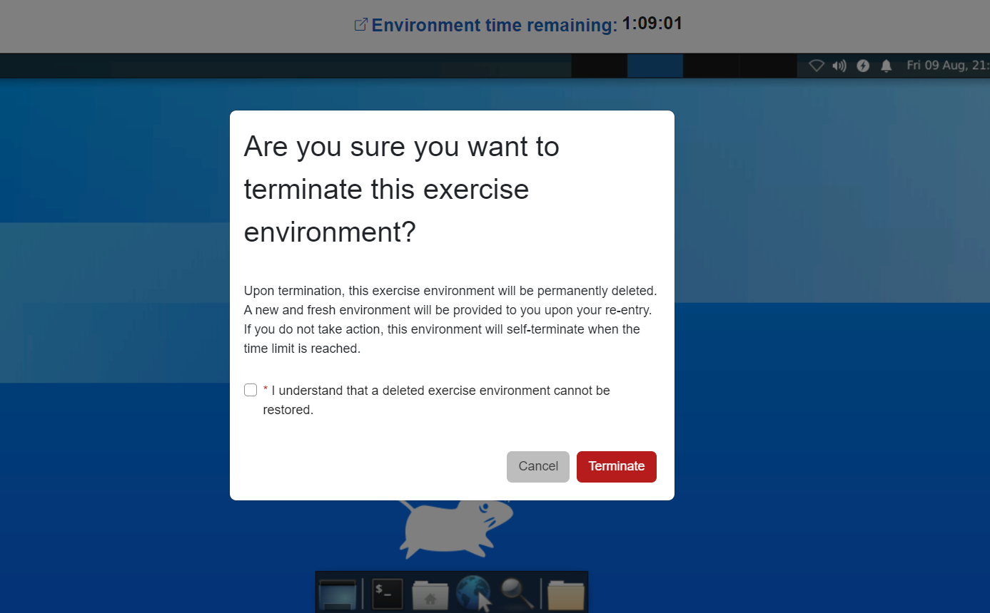 A dialog box is shown that asks if you want to terminate the exercise environment. A confirmation checkbox is under the text. The "CANCEL" button is in the bottom right with the "TERMINATE" button to its right.