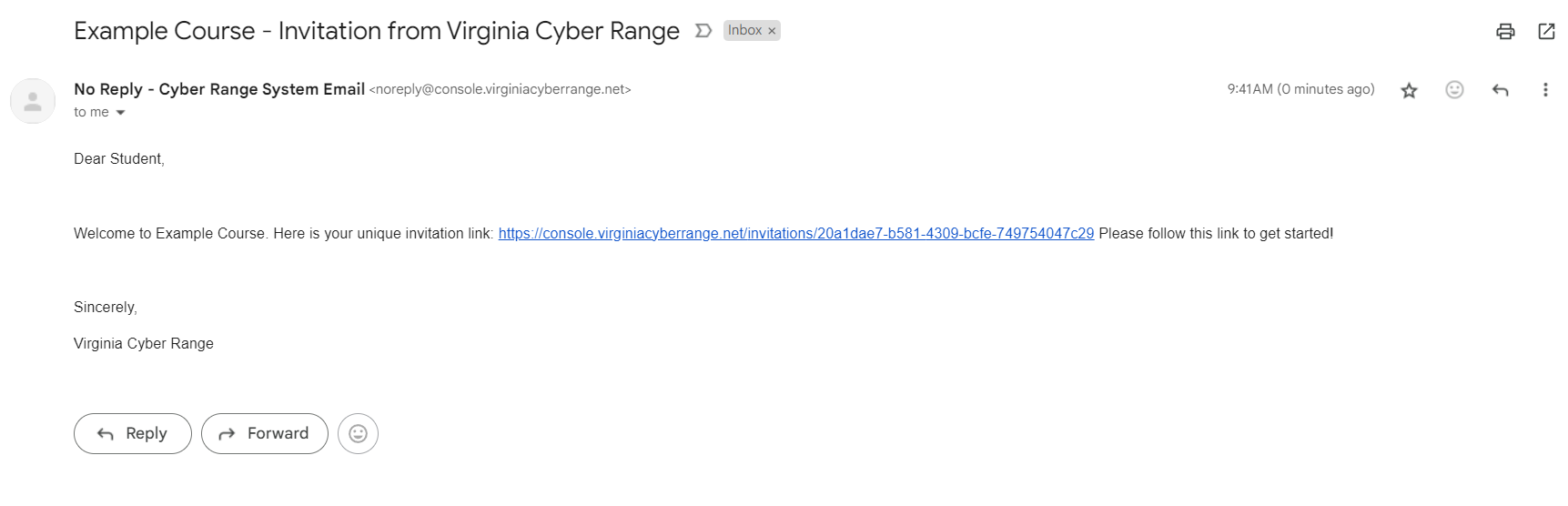 Screenshot depicting an email that includes an invitation link from the Cyber Range.